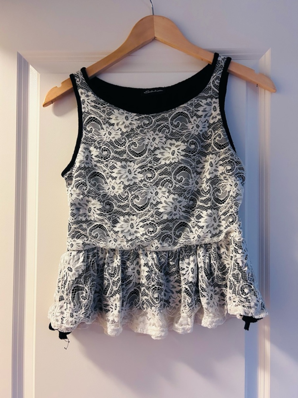 Black Tank Top with White Floral Lace Peplum